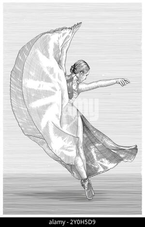 Une ballerine dans une robe et des chaussures pointe se tient sur ses orteils et danse. Stylisé comme une gravure Illustration de Vecteur