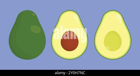 Avocat, illustration vectorielle demi-tranchée. Icône vectorielle de jeu de fruits d'avocat. avocat à moitié coupé Illustration de Vecteur