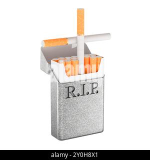 Fumer tue, concept. Paquet de cigarettes comme croix et pierre tombale. Rendu 3D isolé sur fond blanc Banque D'Images