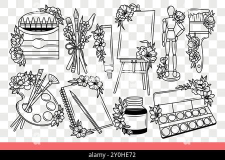 Set pour artiste professionnel ou personne créative qui aime dessiner des images. Marqueurs pour artistes et crayons de couleur ou palette près du bloc-notes pour dessiner des croquis de futurs chefs-d'œuvre d'art. Dessiné à la main. Illustration de Vecteur