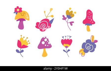 Ensemble vectoriel de différents champignons et fleurs mignons avec des visages souriants. Fabuleuse collection de champignons dans un style plat. Illustration vectorielle pour les enfants isola Illustration de Vecteur