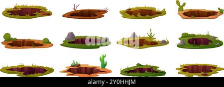 Piqûres dans le sol. Différents trous de sol pour l'entrée souterraine des animaux. Jardin forêt désert fosse de sol, pierres plantes herbe de nos jours éléments vectoriels Illustration de Vecteur