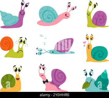 Escargots de dessins animés. Escargot drôle émotions différentes. Les insectes mignons avec des coquillages amoureux dorment en colère en pleurant et en mangeant. Créatures sauvages de jardin de forêt classe Illustration de Vecteur