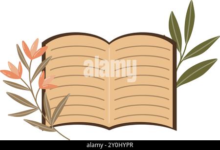 Illustration vectorielle d'un livre ouvert avec des pages lignées, orné de fleurs et de feuilles délicates. Parfait pour les dessins sur le thème des journaux, la papeterie, ou Illustration de Vecteur