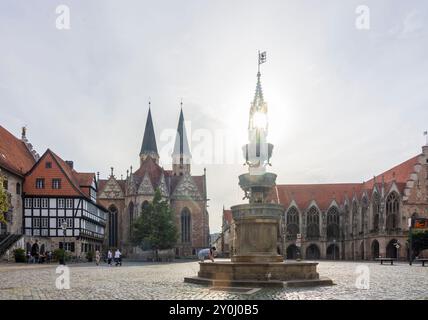 Braunschweig, Brunswick : Square Altstadtmarkt, House Gewandhaus, Church préparées Martini, Altstadtrathaus (Old Town Hall) FLTR, Fontaine Altstadtmarkt Banque D'Images