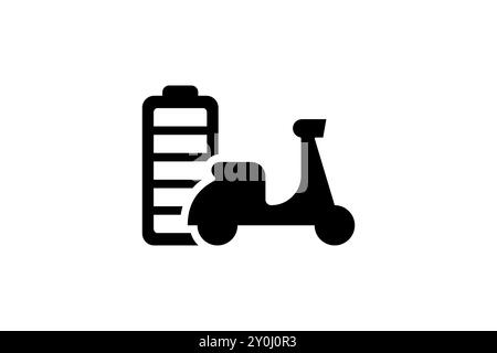 Icône noire de l'indicateur d'énergie de batterie complètement chargée du scooter électrique. Symbole eps du chargeur d'accumulateur de cyclomoteur de transport électrique. Station de recharge électrique pour motocyclettes. Recharge de transport écologique Illustration de Vecteur