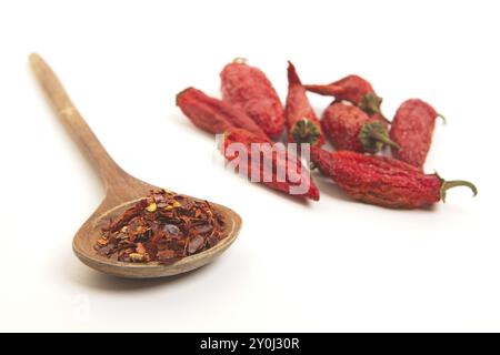 Une photo de nature morte de flocons de poivron rouge sur une cuillère en bois à côté de piments rouges écaillés sur un fond blanc Banque D'Images