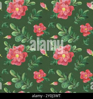 aquarelle stylisée rose de chien rouge motif sans couture sur fond vert foncé Banque D'Images