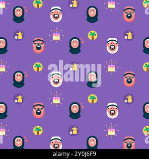 Ensemble de motifs vectoriels avec des personnages plats, homme arabe avec kandora et femme avec Hijab avec gâteau, cafetière arabe et icônes de palme, avatar plat Illustration de Vecteur