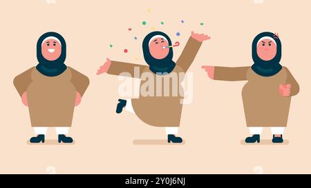 Personnage de femme arabe. Différentes poses et émotions, la femme porte le hijab en robe traditionnelle debout, célébrer joyeusement, la colère de la femme de la Maison islamique Illustration de Vecteur