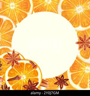 Cannelle, anis étoilé, clous de girofle cadre aquarelle orange isolé sur blanc. Art réaliste dessiné à la main de haute qualité avec texture détaillée. Parfait pour Banque D'Images