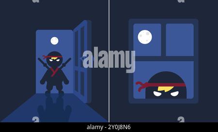 Mini ninja avec costume traditionnel, debout dans l'obscurité et ouvrant la porte avec sa longue ombre, nuit de pleine lune, jetant un coup d'œil par la fenêtre Illustration de Vecteur