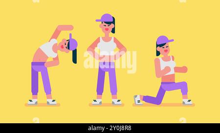 Femme de fitness faisant des exercices, mode de vie sain, jeune personne sportive saine pose, ensemble d'actions diverses, femmes en vêtements de sport, fentes et squats, Illustration de Vecteur