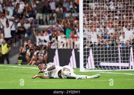 Madrid, Espagne. 03 septembre 2024. MADRID, ESPAGNE - 1er SEPTEMBRE : Vinicius Junior, ailier gauche du Real Madrid, réagit lors du match LaLiga EA Sports entre le Real Madrid et le Real Betis au stade Santiago Bernabeu le 1er septembre 2024 à Madrid, Espagne. (Photo de Francisco Macia/photo Players images/Magara Press) crédit : Magara Press SL/Alamy Live News Banque D'Images