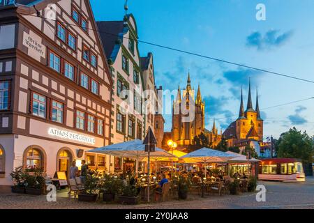 Erfurt : Square Domplatz, restaurant en plein air, cathédrale d'Erfurt (à gauche) et église Saint-Severus à , Thüringen, Thuringe, Allemagne Banque D'Images