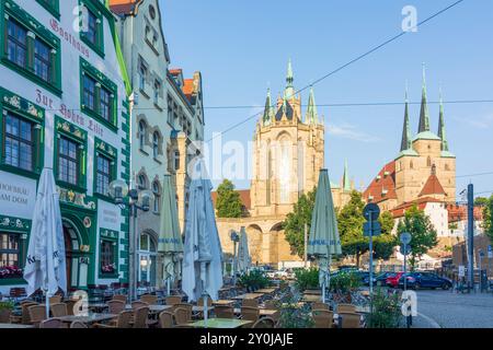 Erfurt : Square Domplatz, restaurant en plein air, cathédrale d'Erfurt (à gauche) et église Saint-Severus à , Thüringen, Thuringe, Allemagne Banque D'Images