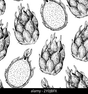 Modèle sans couture avec des fruits de dragon. Illustration monochrome dans un style rétro. Illustration de Vecteur