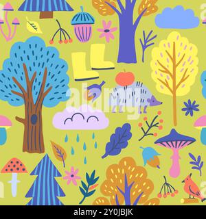 Joli motif sans couture moderne coloré avec des éléments forestiers d'automne. Illustration de Vecteur