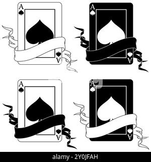 conception vectorielle de cartes de poker avec des rubans, des symboles de poker de coeur, diamant, trèfle et as Illustration de Vecteur