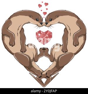 Conception vectorielle de couple de loutres en forme de cœur, symbole de la Saint-Valentin avec des animaux, amour de la nature avec un mammifère marin Illustration de Vecteur