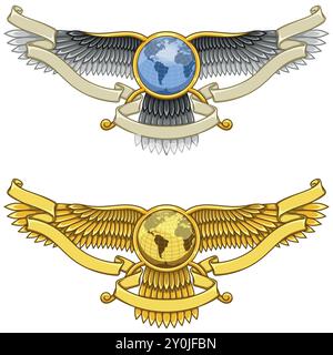 Conception vectorielle du symbole Faravahar, symbole de la religion zoroastrienne, disque ailé avec la terre de planète et le ruban Illustration de Vecteur