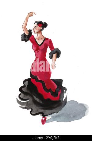 Belle danseuse de flamenco. Illustration à l'encre dessinée à la main et à l'aquarelle Banque D'Images