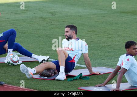 Madrid, Espagne. 02 septembre 2024. Daniel Carvajal, d’Espagne, se réchauffe lors de la séance d’entraînement en Espagne à Ciudad del Futbol de Las Rozas. Crédit : SOPA images Limited/Alamy Live News Banque D'Images