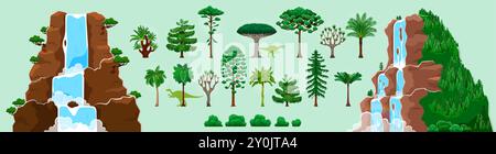 Arbres et palmiers de forêt tropicale de jungle de dessin animé, cascades de cascade, actif de jeu d'environnement de l'ère jurassic dinosaures. Kit Vector UI de jeu vidéo ou mobile, éléments de paysage de la nature préhistorique et dinosaures Illustration de Vecteur