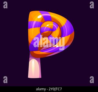 Lettre P police Halloween, type maléfique de dessin animé, police effrayante drôle, lettre majuscule effrayante de l'alphabet conçu comme une sucette colorée avec des tourbillons orange et violet. Vecteur isolé Trick or Treat abc Illustration de Vecteur