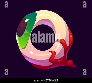 Lettre Q police Halloween, type maléfique de dessin animé, police effrayante drôle, lettre majuscule effrayante de l'alphabet conçu comme globe oculaire effrayant avec iris vert et veines rouges. Globe oculaire abc festif étrange vecteur isolé Illustration de Vecteur