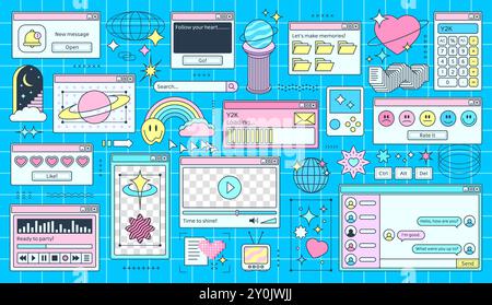 Interface de page de fenêtres d'ordinateur rétro Y2K du bureau PC, fond de dessin animé vectoriel. Fenêtres d'ordinateur rétro avec la conception Y2K du dossier de fichiers, navigateur Internet, lecteur avec barre de chargement et autocollants de sourire Illustration de Vecteur