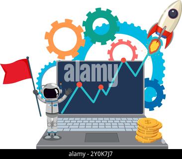 Astronaute, fusée et ordinateur portable avec graphique de croissance Illustration de Vecteur