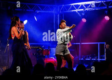 MICHAEL SEBASTAIN AND FRIENDS, CHI WALLAHS, 2024 : collection de musique de danse Michael Sebastian & Friends jouent un set de danse énergique avec des danseurs de scène dans une tente bondée sur la scène Chai Wallahs au Green Man Festival 2024 à Brecon, pays de Galles, Royaume-Uni le 16 août 2024. Photo : Rob Watkins Banque D'Images