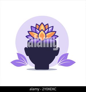 Illustration vectorielle représentant une silhouette de tête ornée d'une fleur de lotus et de feuilles, symbolisant l'harmonie et l'équilibre mental. Idéal pour les designs liés à la spiritualité, au bien-être et à la pleine conscience. Illustration de Vecteur