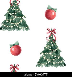 Ornements de boules suspendues rouges et arbres de Noël avec décoration de noeuds rouges et guirlande lumières motif sans couture aquarelle Banque D'Images