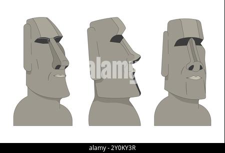 Groupe de statues Moai 2D linéaire objets de dessin animé ensemble Illustration de Vecteur