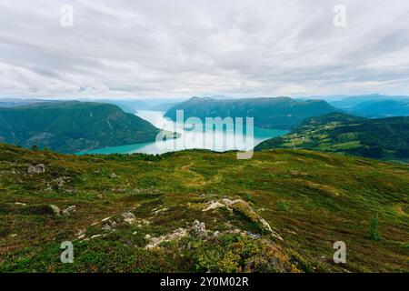 Images d'une randonnée au sommet de la montagne Molden par le fjord de Lustrafjorden, qui fait partie du fjord de Sognefjorden, dans l'ouest de la Norvège, un jour d'été de juillet 2024. Banque D'Images