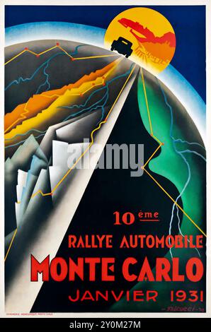 Affiche du rallye Monte Carlo - janvier 1931 - illustration de Robert Falcucci - épreuve de course de voitures anciennes Banque D'Images