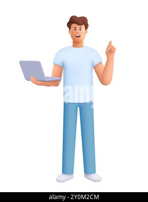 Jeune homme souriant debout, tenant et utilisant un ordinateur portable. Concept de technologie informatique. personnage de personnes de vecteur 3d. Style minimaliste de dessin animé. Illustration de Vecteur