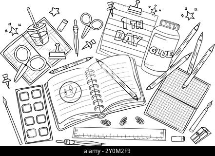 fournitures scolaires pour les étudiants,coloriage noir et blanc Illustration de Vecteur