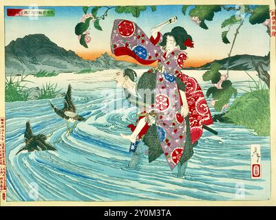 Tsukioka Yoshitoshi (Japon, 1839-1892) - le démon Omatsu tue Shirosaburō dans le Ford - 1886 Banque D'Images