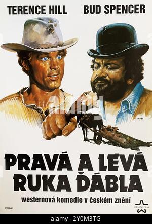 Affiche tchèque avec illustration de RENATO CASARO pour la première sortie en 1993 de TERENCE HILL ET BUD SPENCER dans THEY CALL ME TRINITY / LO CHIAMAVANO TRINITA . . . / PRAVA A LEVA RUKA DABLA 1970 réalisateur / histoire / scénario ENZO BARBONI Music Franco Micalizzi West film / Gemini film (en CZ) Banque D'Images