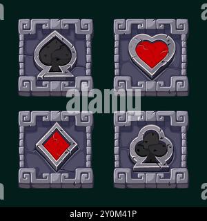Icônes de carte à jouer dans le cadre carré de pierre. Symboles de machine à sous maya ou aztèque. Symboles coeur, pique, diamant et club pour votre jeu occasionnel Illustration de Vecteur
