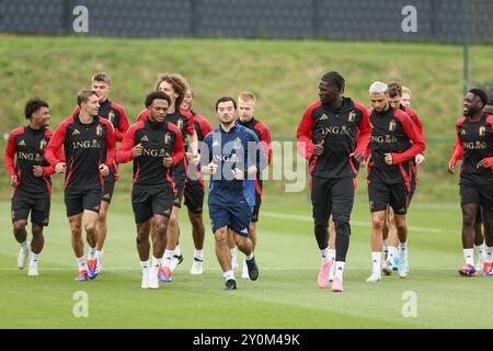 Tubize, Belgique. 03 septembre 2024. Les joueurs belges photographiés lors d'une séance d'entraînement de l'équipe nationale belge de football Red Devils, au centre d'entraînement de la Royal Belgian Football Association, à Tubize, mardi 03 septembre 2024. Les Red Devils affrontent Israël vendredi, pour l’UEFA Nations League 2025. BELGA PHOTO BRUNO FAHY crédit : Belga News Agency/Alamy Live News Banque D'Images