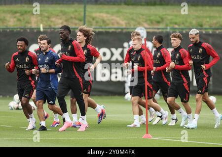 Tubize, Belgique. 03 septembre 2024. Les joueurs belges photographiés lors d'une séance d'entraînement de l'équipe nationale belge de football Red Devils, au centre d'entraînement de la Royal Belgian Football Association, à Tubize, mardi 03 septembre 2024. Les Red Devils affrontent Israël vendredi, pour l’UEFA Nations League 2025. BELGA PHOTO BRUNO FAHY crédit : Belga News Agency/Alamy Live News Banque D'Images