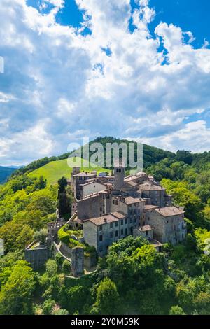 Vue aérienne du château médiéval et du village de Vigoleno. Quartier de Piacenza, Emilie-Romagne, Italie. Banque D'Images