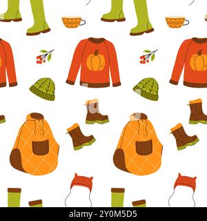 Ensemble confortable d'automne avec vêtements d'automne. Pull, manteau et bottes en caoutchouc. Illustration vectorielle. Collection colorée de saison Illustration de Vecteur