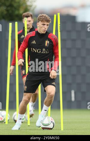 Tubize, Belgique. 03 septembre 2024. Le belge Arne Engels photographié lors d'une séance d'entraînement de l'équipe nationale belge de football Red Devils, au centre d'entraînement de la Royal Belgian Football Association, à Tubize, mardi 03 septembre 2024. Les Red Devils affrontent Israël vendredi, pour l’UEFA Nations League 2025. BELGA PHOTO BRUNO FAHY crédit : Belga News Agency/Alamy Live News Banque D'Images