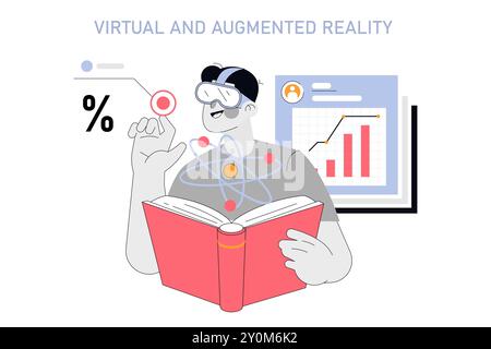 Concept d'apprentissage virtuel. Une personne avec un casque VR interagit avec des données numériques tout en lisant un livre. Technologie immersive dans l'enseignement. Illustration vectorielle. Illustration de Vecteur