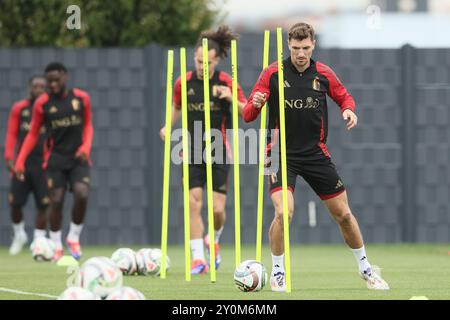 Tubize, Belgique. 03 septembre 2024. Le belge Thomas Meunier photographié lors d'une séance d'entraînement de l'équipe nationale belge de football Red Devils, au centre d'entraînement de la Royal Belgian Football Association, à Tubize, mardi 03 septembre 2024. Les Red Devils affrontent Israël vendredi, pour l’UEFA Nations League 2025. BELGA PHOTO BRUNO FAHY crédit : Belga News Agency/Alamy Live News Banque D'Images